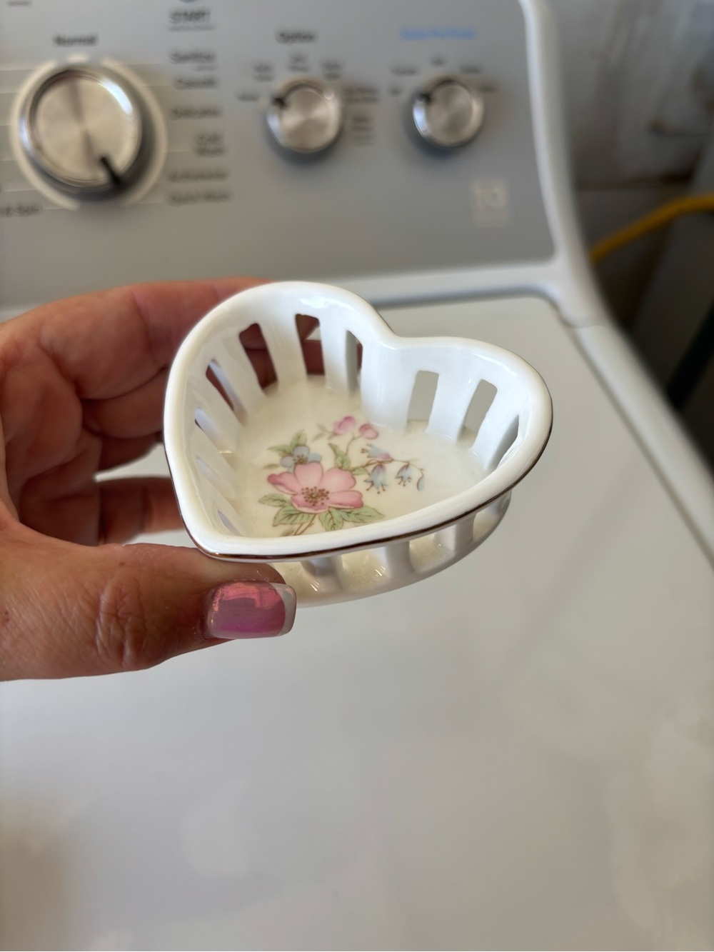 Heart-Shaped Porcelain Trinket Dish with Pink Floral Motif